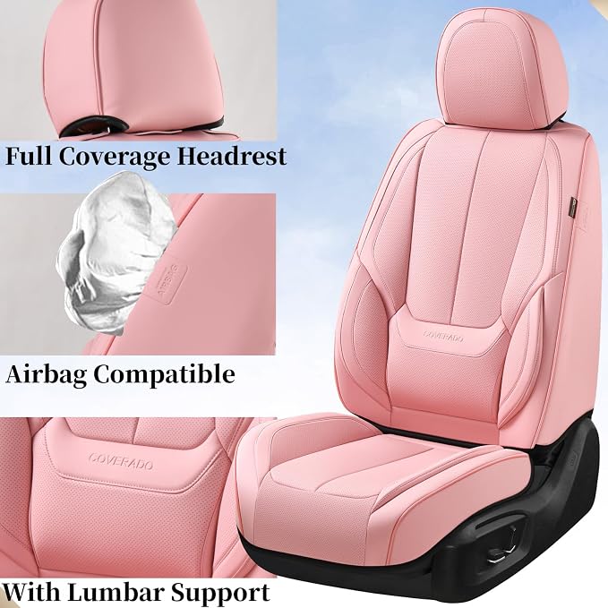 Coverado Car Seat Covers Full Set, Seat Covers for Cars, Pink Car Seat Protector Waterproof, Nappa Leather Car Seat Cushion, Car Seat Covers Front Seats and Back Fit for Most Cars
