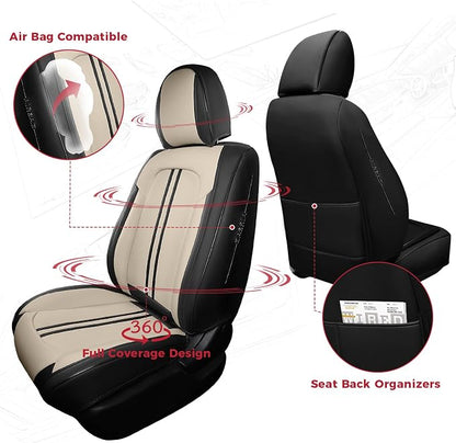FREESOO Front Seats 2PCS Leather Car Seat Covers, Ultra Breathable Waterproof Seat Covers for Cars Trucks SUV, Carseat Protector Car Seat Cover Fit for Most Vehicles, Black Beige