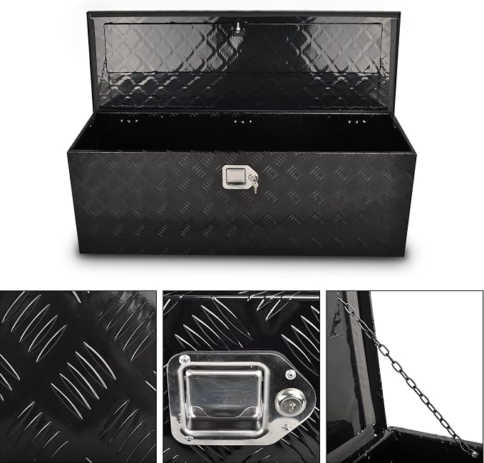 44 Inch Aluminum Truck Bed Tool Box, 5 Bar Tread Truck Tool Box with Lock&Keys, Heavy Duty Waterproof Flatbed tool box for Vans, Trailers, RVS，Trucks, Black(44"x15"x15")