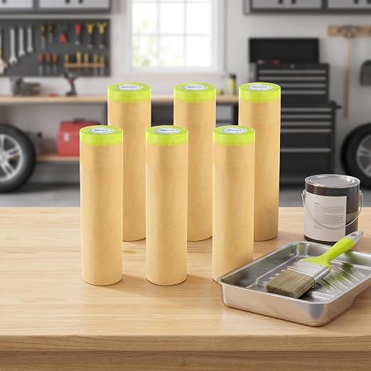 Jucoan 6 Rolls Pre-Taped Masking Paper for Painting, 18 Inch x 30 Ft Tape and Drape Painter Paper for Painting Auto Cars, Wall Frame Covering, Floor Protection