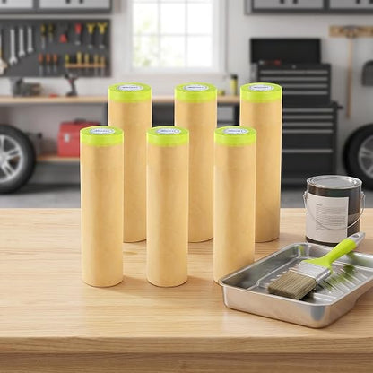 Jucoan 6 Rolls Pre-Taped Masking Paper for Painting, 18 Inch x 30 Ft Tape and Drape Painter Paper for Painting Auto Cars, Wall Frame Covering, Floor Protection