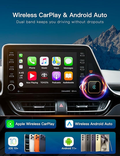 2026 Upgraded Wireless CarPlay Adapter for iPhone＆Android, Car Play Mini Wired to Wireless Adapter for CarPlay ＆Android Auto 2 in 1 Plug and Play Stable Connection