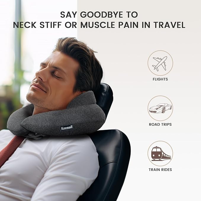 Keemall Inflatable Neck Pillow, Premium Travel Neck Pillow for Airplane Headrest Sleep - 3rd Generation, Double Comfort Plane Pillow for Long Flight