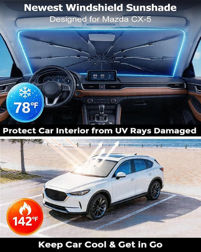 DMJN Umbrella Windshield Sun Shade for Mazda CX-5 (2013-2026), Car Sunshade for Front Windshield [Nano Ice-Crystal Coatings] UPF50+ Heat & UV Block, Protect Interior & Keep Cooler