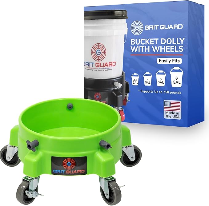 Grit Guard Bucket Dolly with Wheels - Rolling Detailing Wash Bucket with 5 Wheels and 2 Locking Casters Compatible with 2.5, 4, 5 and 6 Gallon Buckets (Green, 3" Grey Casters) - Made in the USA