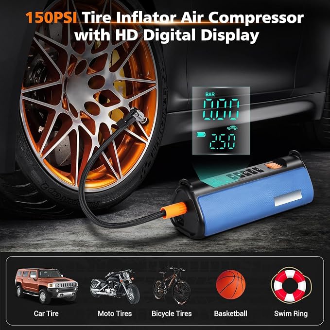 Portable Jump Starter with Air Compressor, 1000A Jump Starter Battery Pack (All Gas/5.0L Diesel) 150PSI Digital Tire Inflator, 12V Car Jump Box Car Battery with LCD Display, 2 Types of Lights