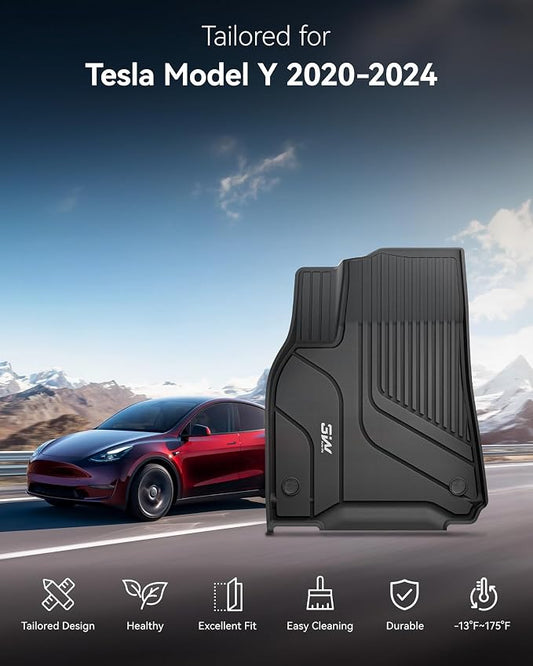 3W Tesla Model Y Floor Mats 2020-2024 2025(Not for Juniper), Cargo Liners & Frunk & Seatback Protector Mats,TPE Custom Fit All Weather, Full Set, Accessories 5-Seater