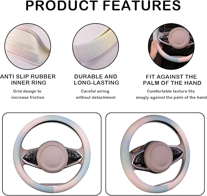 Steering Wheel Cover, with Non-Slip Lining, Cool in Summer Warm in Winter for Men Women, 14.5-15 Inch Non-Slip Breathable Leather Car Steering Wheel Protector