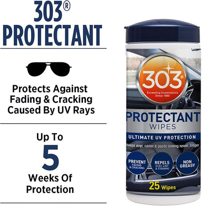 303 Products Automotive Protectant Wipes - Helps Prevent Fading & Cracking, Repels Dust, Lint & Staining, Superior UV Protection & Restores Lost Color, Exterior & Interior Car Cleaning Supplies