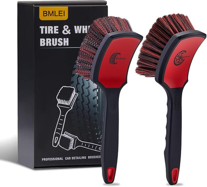 BMLEI Wheel & Tire Brush Set, 2 Pack Car Wheel Brush & Tire Cleaner Brushes, Soft Bristle Rim Brush and Stiff Tire Scrub Brush, Scratch-Free Wheel Cleaning Kit for Car Detailing, Trucks, SUVs