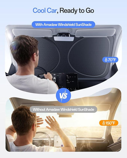 Windshield Sun Shade for Sedans, SUVs & Trucks, Fit for Ford, Dodge & More | Multi-Layer UV Block & Heat Insulation | Keeps Car Cool & Protects Interior, Easy Storage with Bag