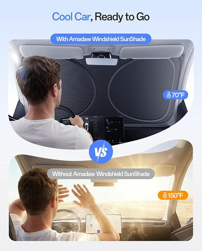 Windshield Sun Shade for Ford Bronco, Jeep Gladiator/Wrangler,ect for 2000-2026 | Multi-Layer UV Block & Heat Insulation | Keeps Car Cool & Protects Interior, Easy Storage with Bag
