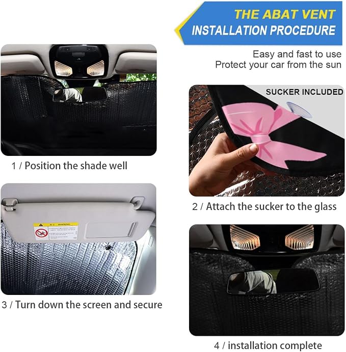 Pink Bow Black Windshield Sunshade Car Sun Shade Front Window Shade for Truck SUV Blocks UV Rays Sun Reflector Visor Protector Accordion Folding