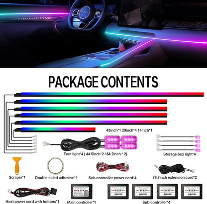 Dreamcolor Acrylic Interior Car LED Strip Light with Wireless APP Control, RGB 14-in-1 Ambient Lighting Kit with Music Sync, Dynamic Color Chasing Neon Light Kits for Car Interior
