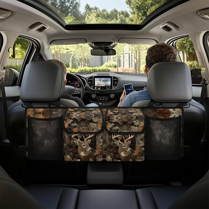 Deer Hanging Car Organizer Waterproof Collapsible Cars Storage Bag with 4 Pockets Space Saving Camo Forest Car Trunk Storage Organizer with Lid for Cars,SUV,Sedan