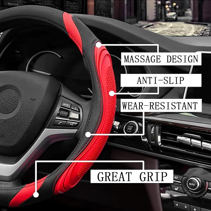 Osilly 15 Inch Car Leather Steering Wheel Cover, Automotive Accessories Elastic Breathable Anti-Slip Soft Wheel Protector Fits Men and Women, Suitable for SUVs, Trucks, Vehicles and RVs (Red)