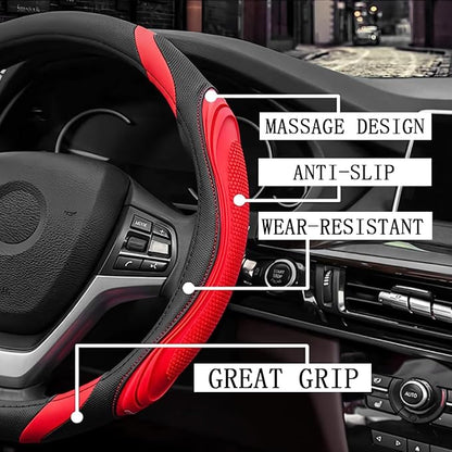 Osilly 15 Inch Car Leather Steering Wheel Cover, Automotive Accessories Elastic Breathable Anti-Slip Soft Wheel Protector Fits Men and Women, Suitable for SUVs, Trucks, Vehicles and RVs (Red)