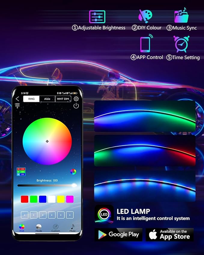 Acrylic LED Lights for Car, 43.3in RGB Strip Light Car LED Lights Interior with USB Port, App Control, Music Sync, 146 LEDs Interior Ca r Lights for Women Men Gifts