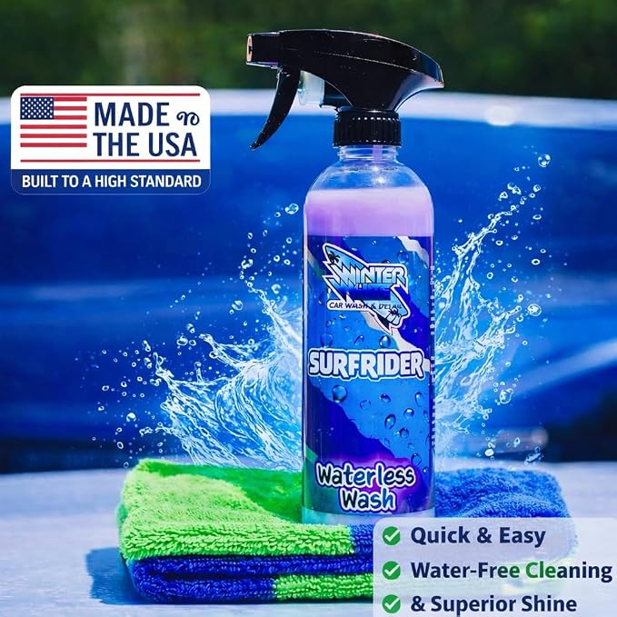 Winter White SURFRIDER Waterless Car Wash Spray – High gloss, scratch-free formula for all surfaces. Cleans, shines, and protects with UV defense. 2-pack of 16oz bottles for pro results anytime!