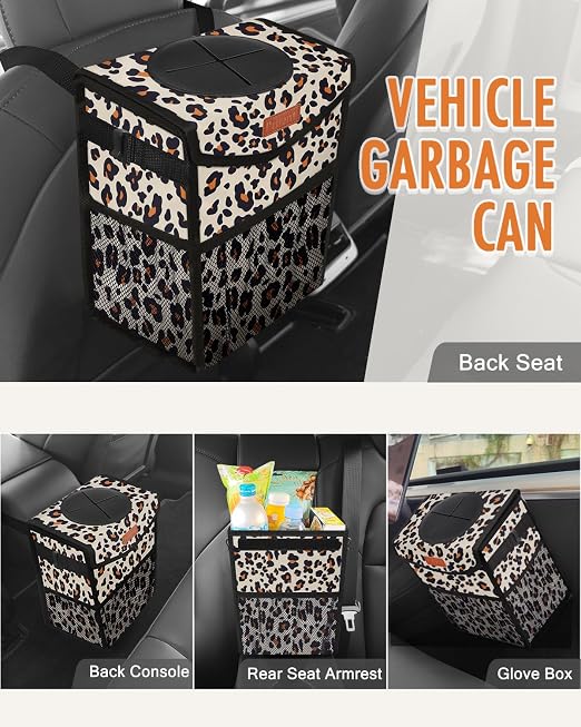 Pritent Car Trash Can with Lid, Cute Leakproof Car Trash Garbage Bag Hanging Vehicle Trash Bin Small Portable Automotive Garbage Cans Organizer for Back/Front Seat/Console(2.8 gal,Leopard