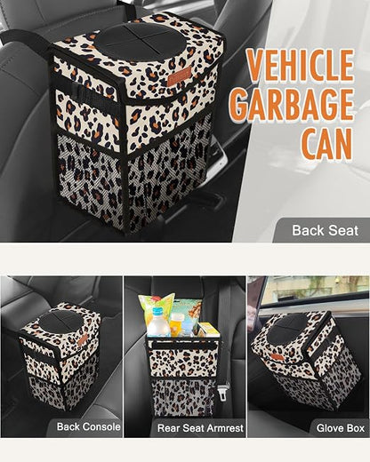 Pritent Car Trash Can with Lid, Cute Leakproof Car Trash Garbage Bag Hanging Vehicle Trash Bin Small Portable Automotive Garbage Cans Organizer for Back/Front Seat(Trapezoid,Leopard