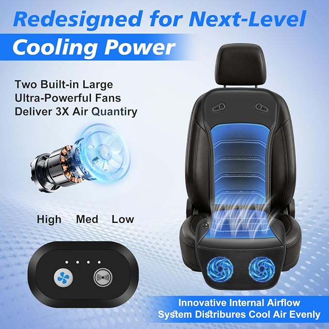Cooling Car Seat Cover: 2-in-1 Car Seat Cushion with Massage & Ventilation, 12V/24V Universal Fit for Car/Truck/SUV, Intensity, Breathable & Comfortable (Black)