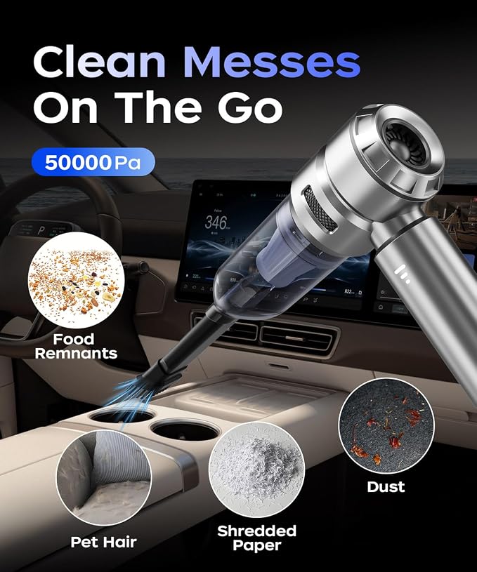 VNOST Car Vacuum,3 Suction Modes,Portable Mini Cordless Cleaner with 50000pa Suction Power,Type-C Charge,Handheld Vacuum for Home,Car,Birthday Gifts for Men Dad Husband (Silver)