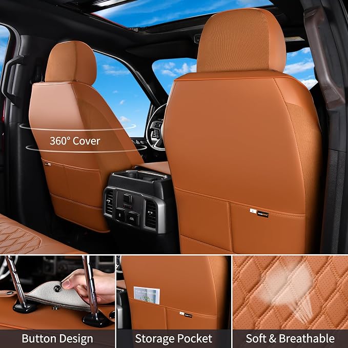 Huidasource Front Truck Seat Covers Fit for Ford F150 2015-2025&F250 F350 F450 2017-2025 All Cab XL XLT Lariat King Ranch Platinum, Waterproof Leather Automotive Car Seat Cover(Front Pair/Brown)