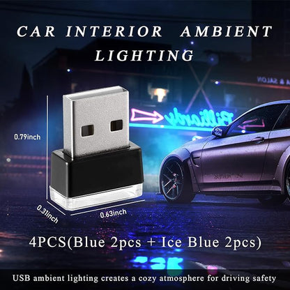 Yourkar 4 PCS USB LED Car Interior Atmosphere Lamp, Plug-in USB Interface Trunk Ambient Lighting Kit, Night Led Decoration Mini USB Light, Universal Interior Car Accessories (Blue+Ice Blue)