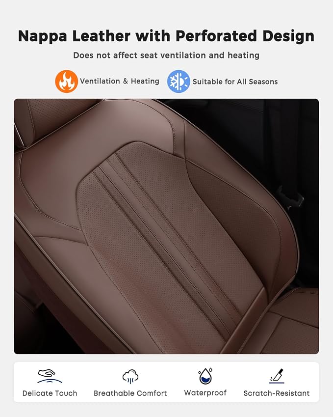 Huidasource Coffee Seat Covers, Luxury Faux Leather Car Seat Cover, Velcro Adjustable, with Airbags, Child Seat, Perforation Cooling＆Heating, Universal Fit for Most Cars, Vans, Trucks, SUVs, Coffee