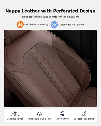 Huidasource Coffee Seat Covers, Luxury Faux Leather Car Seat Cover, Velcro Adjustable, with Airbags, Child Seat, Perforation Cooling＆Heating, Universal Fit for Most Cars, Vans, Trucks, SUVs, Coffee