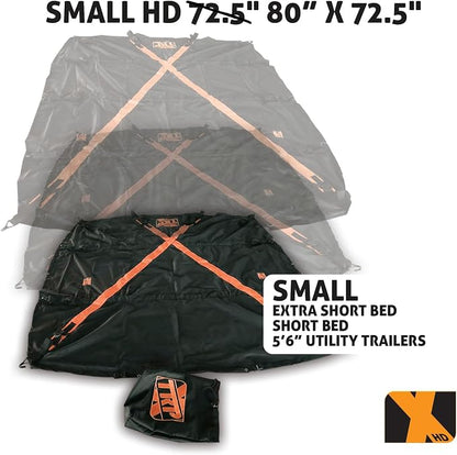 The Heavy Duty X-Cover by TRPx - Trailer and Truck Bed Cover Small – Integrated Heavy Duty Black Tarp and Tie Down System. Fits: Extra Short Bed, Short Bed and Utility Trailers up to 5'6"