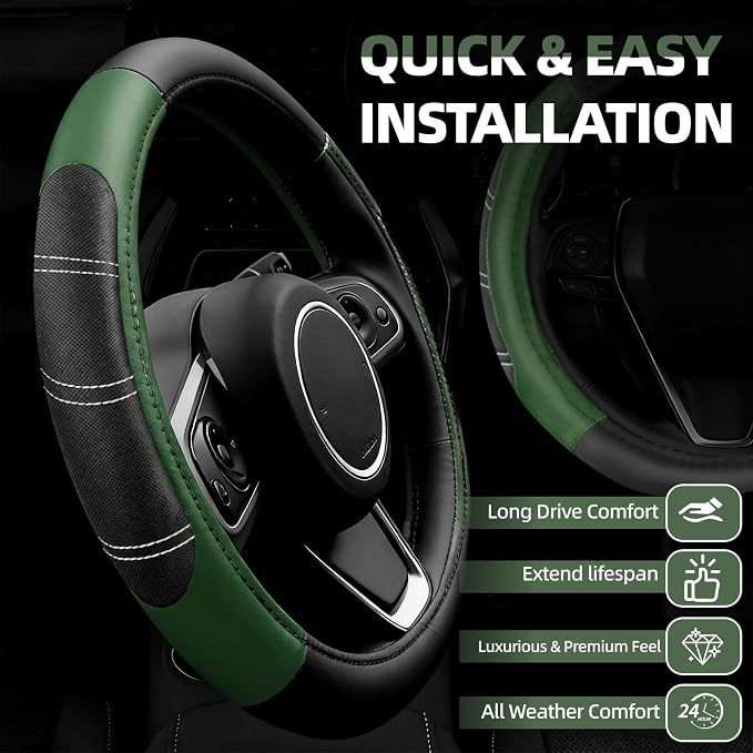 NBTEPEM 6 Pcs Green Car Accessories Set, Sport Leather Steering Wheel Cover 14.5-15inch Universal, Microfiber Leather Car Center Console Cover, Seat Belt Cushion, Cup Holder Coaster (Black-Green)