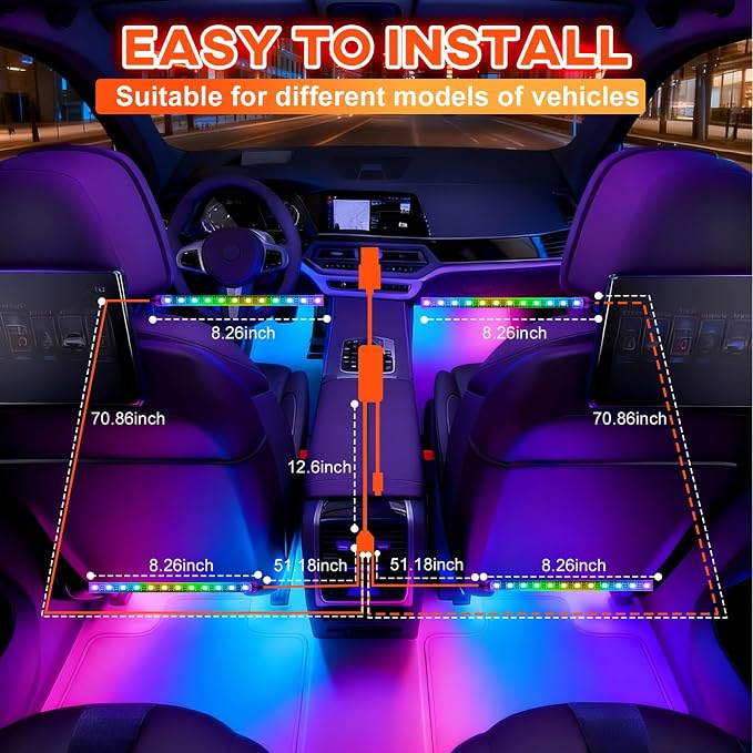 Car Led Interior Lights, RGB Truck Interior Lights with App Control, Under Dash Footwell Automotive Led Light Strip, Car Ambient Lighting for SUV(1set)