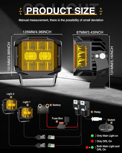CO LIGHT 5 Inch Amber 130W LED Cube Pods Offroad Driving Light with Side Shooter 11533LM Super Bright Square Offroad Lights with 270°Combo Beam Ditch Light Amber DRL for Offroad ATV Truck Pickup