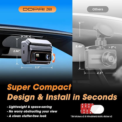 DDPAI 3 Channel Dash Cam Front and Rear, 4K+2K+1080P Triple Dashcam for Cars with Dual 32G eMMC Storage Car Camera Dashcam, GPS,WiFi 6,3" IPS, AI ISP Night Vision,7 Days Parking Mode,Z60 πlink