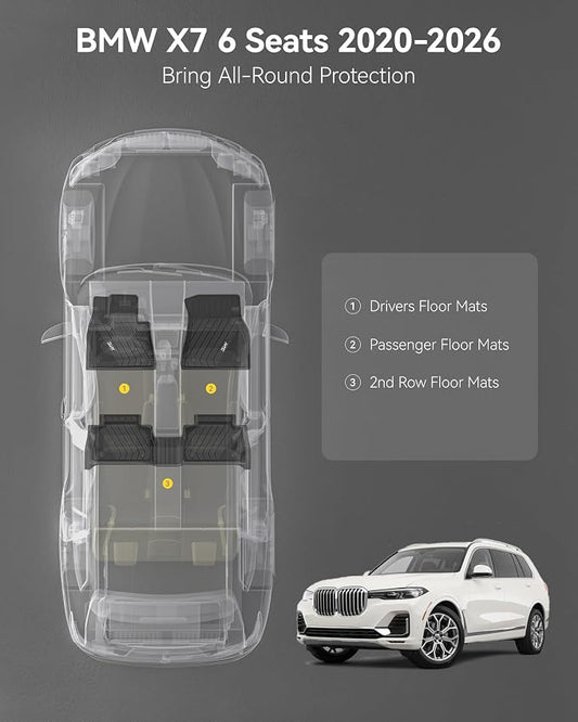 3W Floor Mats Fit for BMW X7 6 Seats 2019-2025 2026, M50i M60i xDrive40i xDrive50i, TPE All Weather Custom Fit Floor Liner, 6 Passengers 1st & 2nd Row, Full Set Car Liners Black