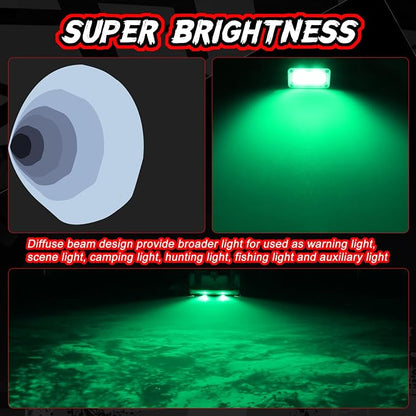 Green LED Pod Lights 3 Inch Auxiliary Backup Rear Light Bar 2PCS Off Road Driving Fog Cube Lights Green Hunting Fishing Emergency Safety Signal Work Lights for Truck UTV Pickup Boat