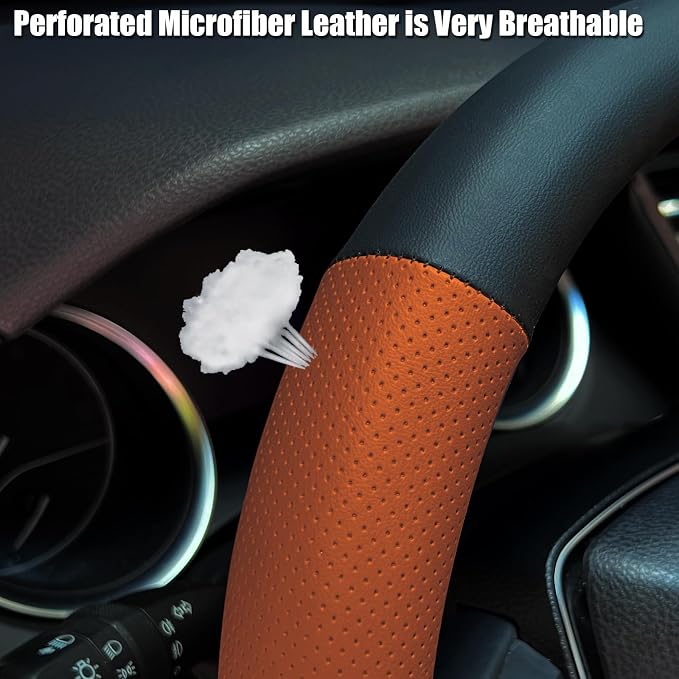 Steering Wheel Cover Standard Size 14.5-15 inch, Non-Slip Car Wheel Cover Protector, Non-Folding Packaging, Microfiber Leather, Black and Orange