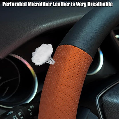 Steering Wheel Cover Standard Size 14.5-15 inch, Non-Slip Car Wheel Cover Protector, Non-Folding Packaging, Microfiber Leather, Black and Orange