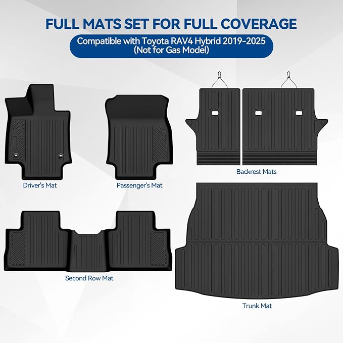 Custom Fit Floor Mats for Toyota RAV4 Hybrid 2019-2025(Not for Gas Model), All Weather TPE Floor Liners with Trunk Mat & Backrest Protectors, Odorless Full Set Interior Accessories