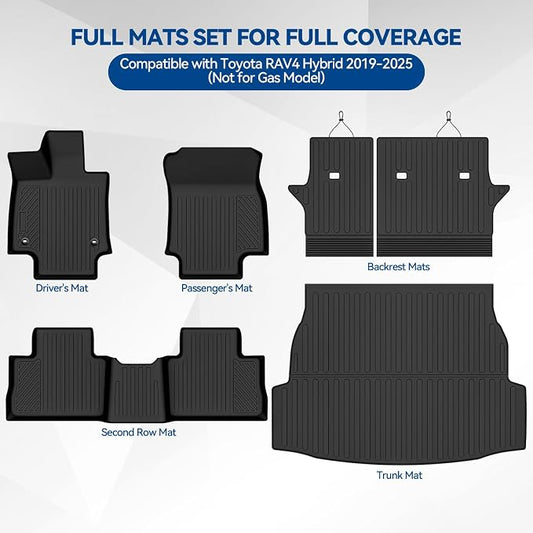 Custom Fit Floor Mats for Toyota RAV4 Hybrid 2019-2025(Not for Gas Model), All Weather TPE Floor Liners with Trunk Mat & Backrest Protectors, Odorless Full Set Interior Accessories