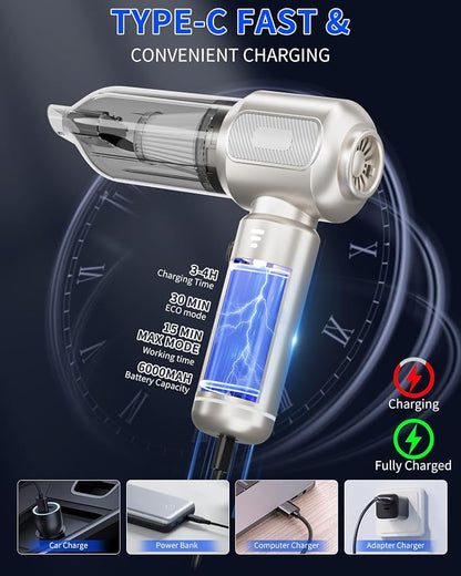 Handheld Vacuum Cordless, 16000Pa Strong Suction Car Vacuum Cleaner Rechargeable, 2-in-1 Blow & Suction, 140W High Power Hand Vacuum for Car, Desk, Keyboards, Pet Hair