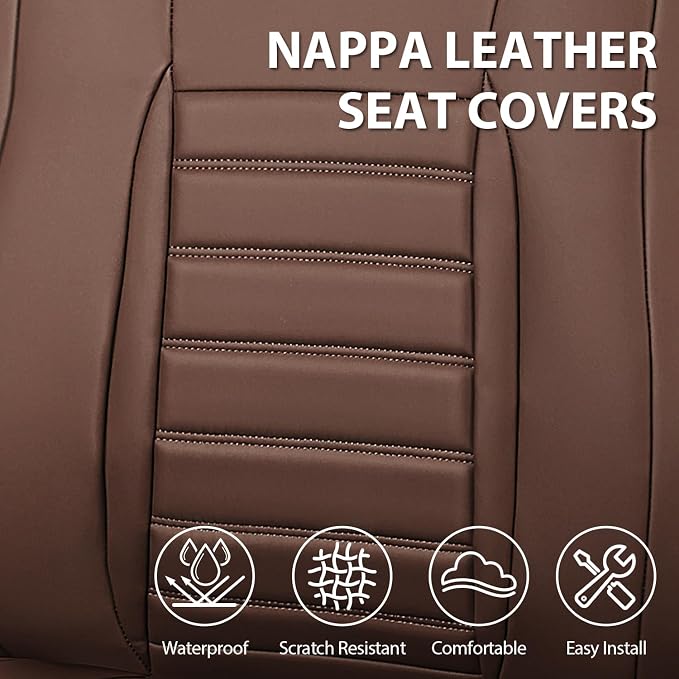CAR PASS Nappa Leather Car Seat Covers Full Set, Luxury Seat Protector for Cars, Waterproof Anti-Slip Seat Cushion Armrest Compatible Airbag Universal for Sedan SUV Pick-up Truck Auto,Brown