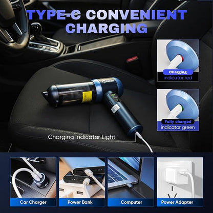 Saker Car Vacuum Portable Cordless 20000Pa Suction Power 4 in 1 Handheld Vacuum with LED Light Type-C Portable Mini Vacuums for Gifts Car, Home, Office, Pet HL157 Blue