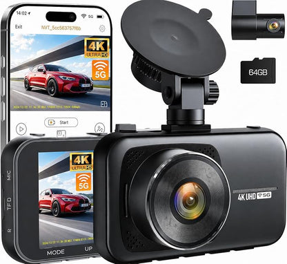 4K Dash Cam Front and Rear with 64GB Card, 5G WiFi & App Control | Full HD 3.0" IPS Screen Dash Camera for Cars with Night Vision, WDR, G-Sensor, Loop Recording & Parking Mode for Drivers