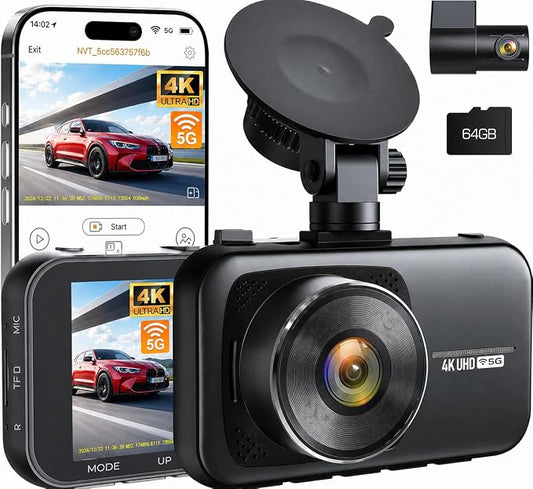 4K Dash Cam Front and Rear with 64GB Card, 5G WiFi & App Control | Full HD 3.0" IPS Screen Dash Camera for Cars with Night Vision, WDR, G-Sensor, Loop Recording & Parking Mode for Drivers