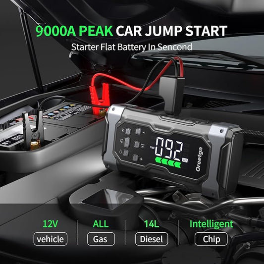 Upgraded 9000A Car Jump Starter with Air Inflator/Deflator Compressor, 9 in 1 Portable Jumper Box Power Pack Charger (All Gas/14L Diesel) Combo Cordless Air Pump for Tire Inflator & Large LCD Screen