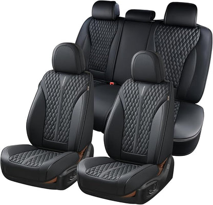 Coverado Car Seat Covers Full Set, 5 Seats Luxury Nappa Leather Seat Covers for Cars, Car Seat Cover Waterproof, Front and Back Car Seat Protector, Black Car Seat Covers Universal Fit for Most Cars