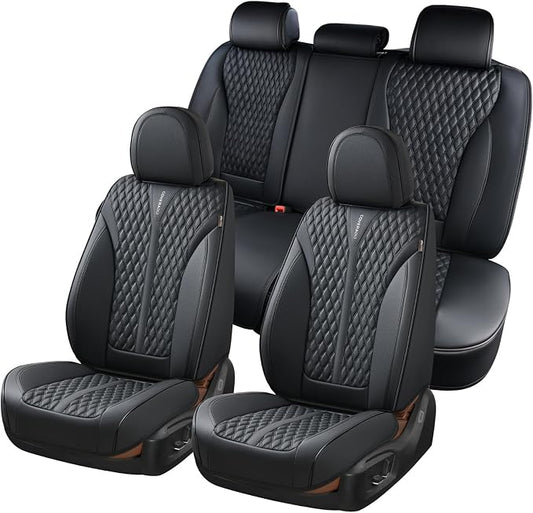 Coverado Car Seat Covers Full Set, 5 Seats Luxury Nappa Leather Seat Covers for Cars, Car Seat Cover Waterproof, Front and Back Car Seat Protector, Black Car Seat Covers Universal Fit for Most Cars